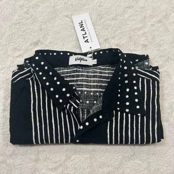 NWT Vatpave - Cotton Blend Stripes & Dots Casual Short Sleeved Button Down Shirt - Picture 5 of 8